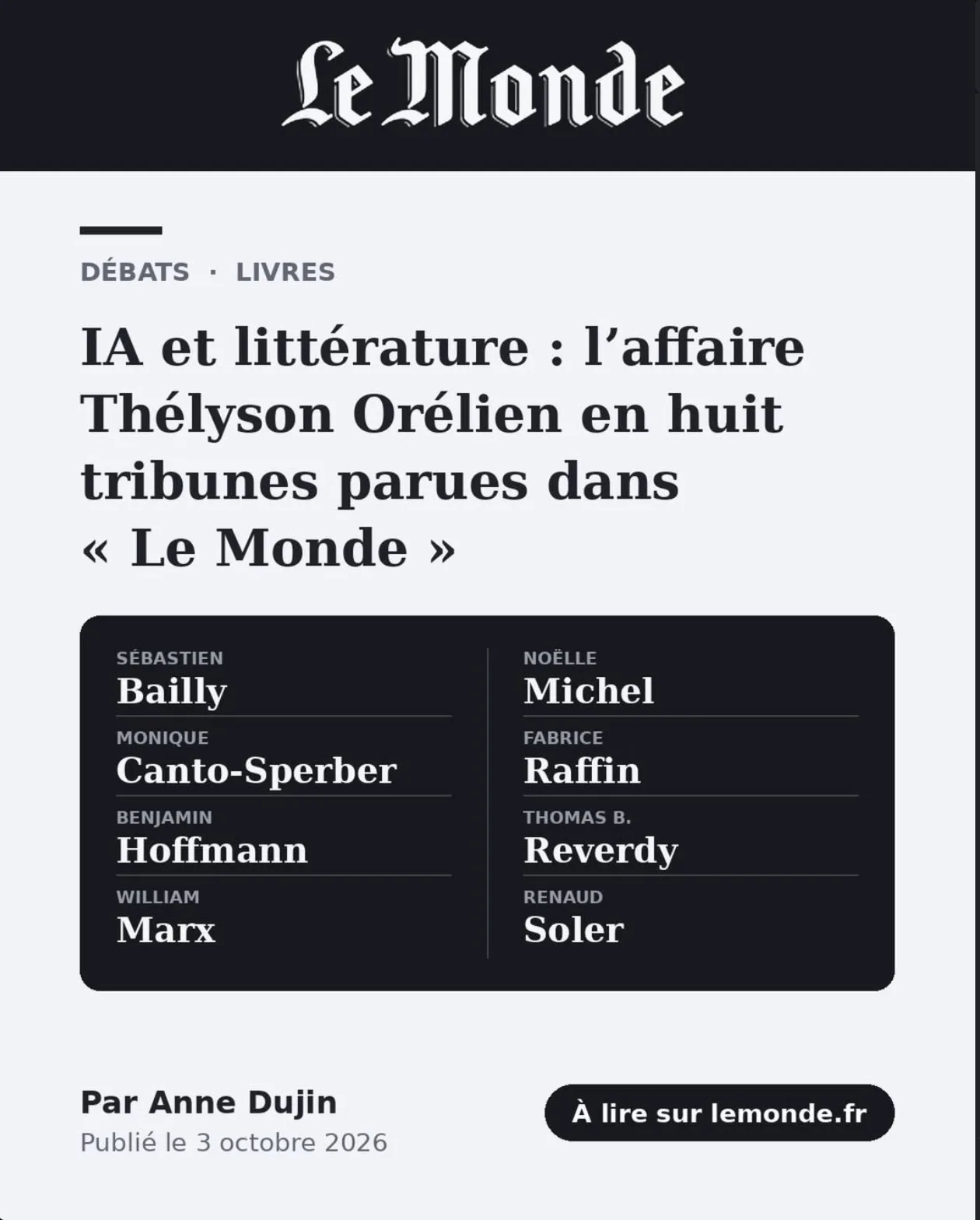 Le Monde : IA et littérature, l'affaire Thélyson Orélien en huit tribunes, par Anne Dujin